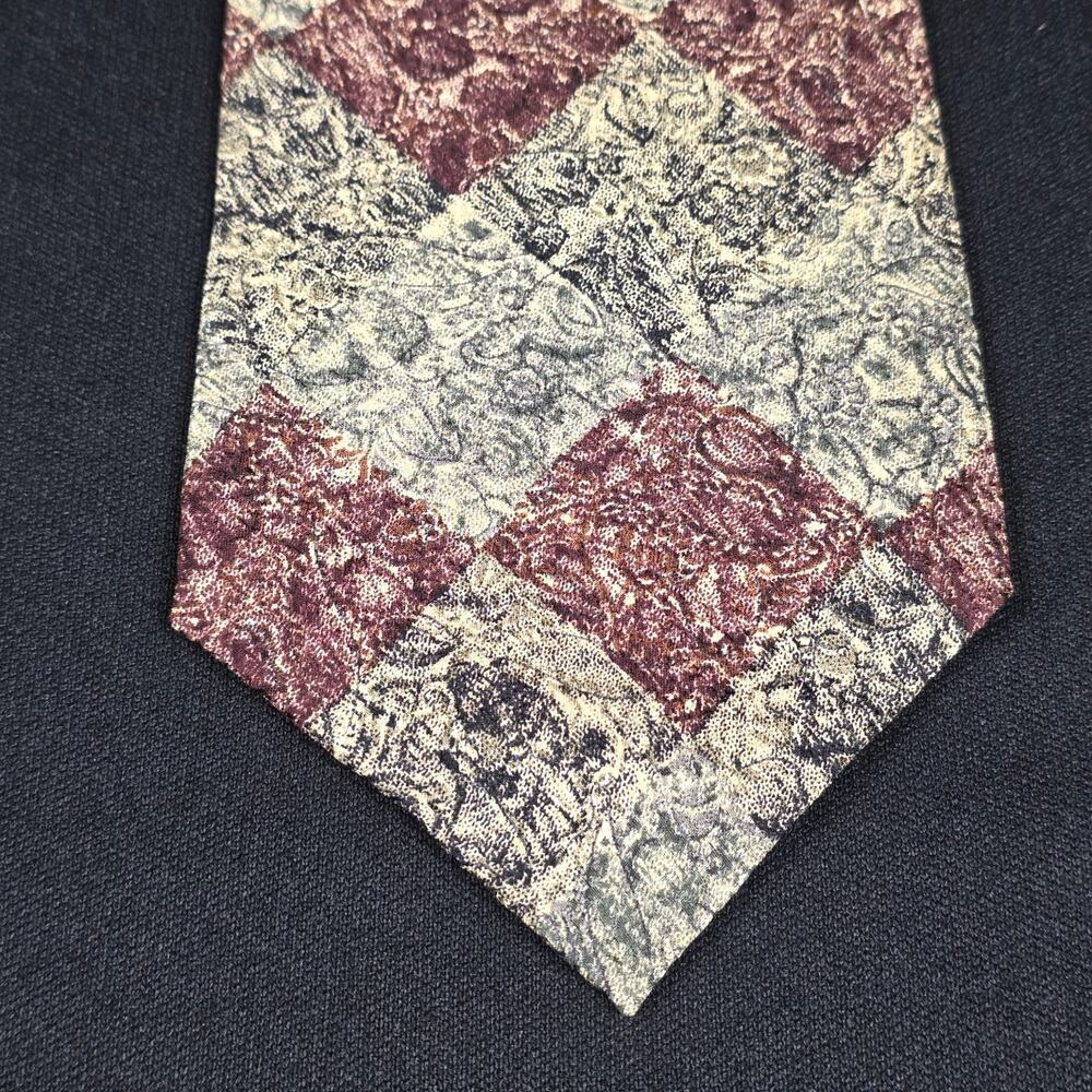 Adams Row Men's Tie Burgundy Beige Grey Abstract Pattern Silk